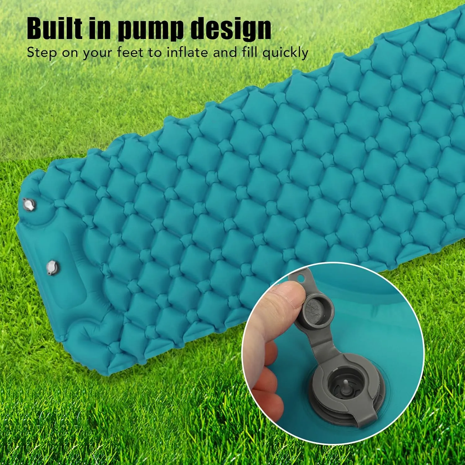HUONIU Camping Sleeping Pad 77 * 24 Inch Ultralight Camping Mat with Pillow Portable Inflatable Roll Up Mattress Extra Thick Sleeping Mat with Built in Pump for Kid Adult Hike Travel (Peacock Blue)