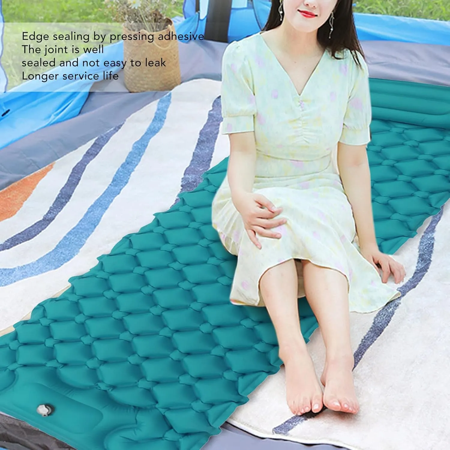 HUONIU Camping Sleeping Pad 77 * 24 Inch Ultralight Camping Mat with Pillow Portable Inflatable Roll Up Mattress Extra Thick Sleeping Mat with Built in Pump for Kid Adult Hike Travel (Peacock Blue)