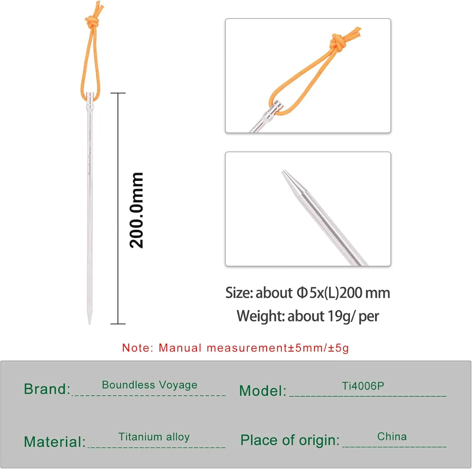 iBasingo 6 Pieces/lot Titanium Alloy Tent Nails 20CM Outdoor Camping Tent Stakes Lengthen Tent Pegs with Rope for Mat Trap Tent Ti4006P