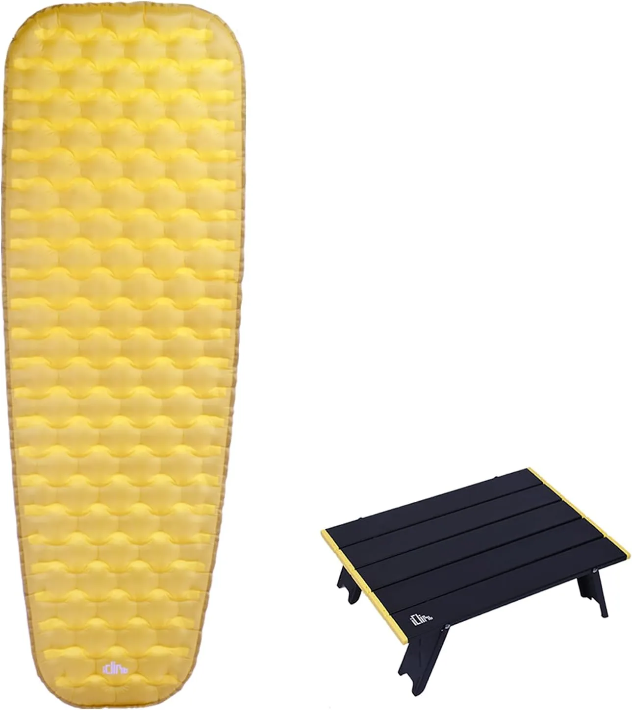 iClimb 1 Mini Folding Table and 1 Stable Comfortable Air Sleeping Pad Bundle, Ultralight Compact for Adults Outdoor Camping Hiking Backpacking Beach Concert