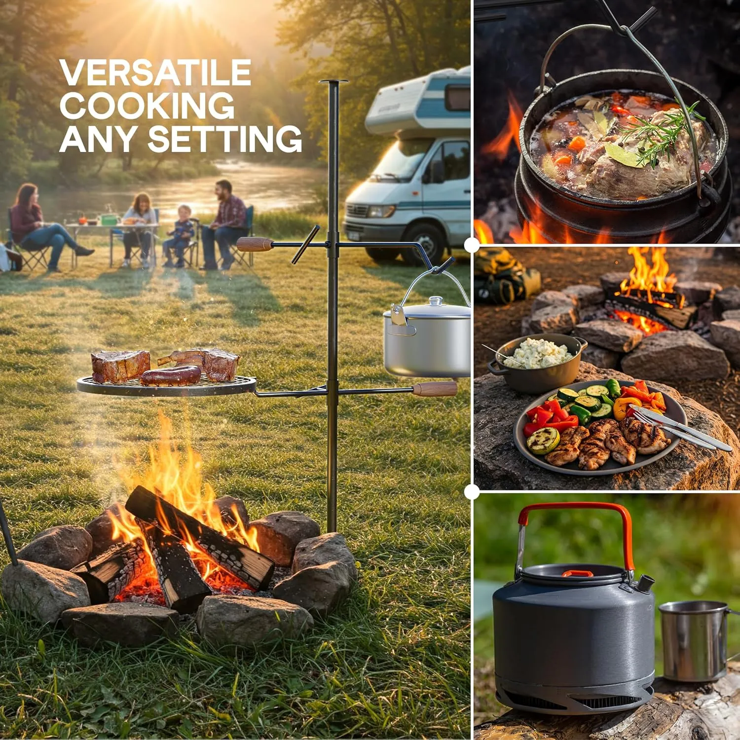 IDZO Swivel Campfire Grill – Heavy Duty Fire Pit Grill Grate, 360° Adjustable Steel Cooking Rack for Open Fire, Portable Outdoor BBQ Campfire Grate for Camping, Hiking, Backyard & Survival Cooking