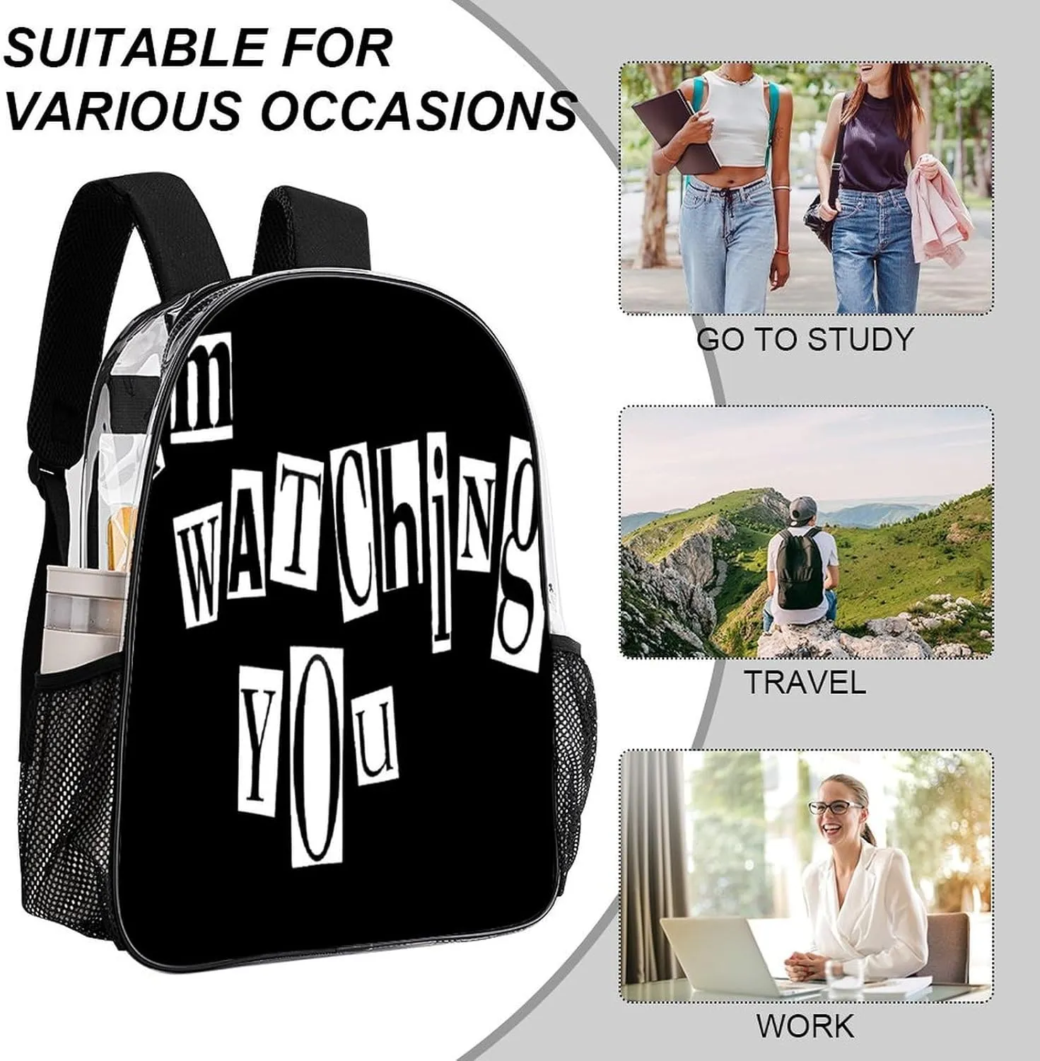 I'm Watching You Transparent Backpack PVC Waterproof Large Casual Daypack for College Workplace Travel Camping Women Men 43x32x13cm