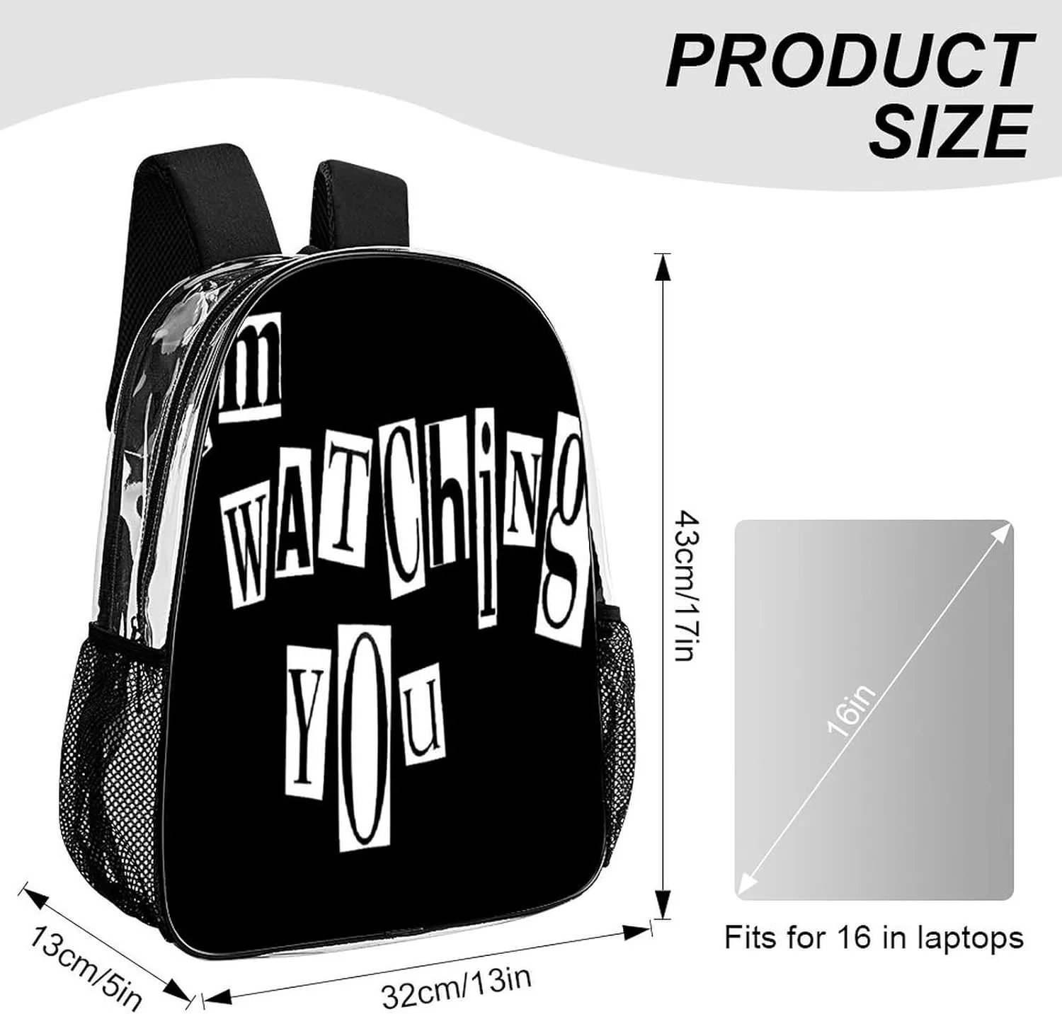 I'm Watching You Transparent Backpack PVC Waterproof Large Casual Daypack for College Workplace Travel Camping Women Men 43x32x13cm