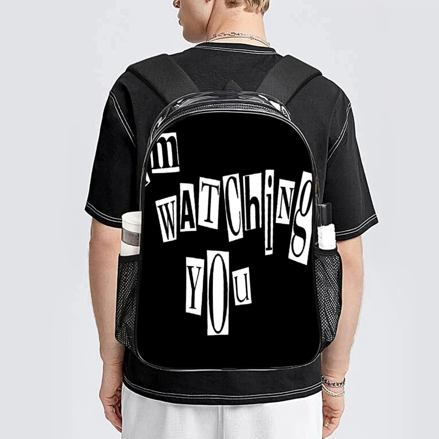 I'm Watching You Transparent Backpack PVC Waterproof Large Casual Daypack for College Workplace Travel Camping Women Men 43x32x13cm