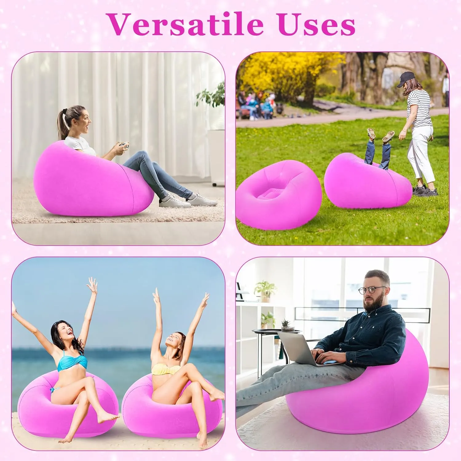 Inflatable Bean Bag Chairs Blow up Chairs Camping Chairs Inflatable Lazy Sofa Folding Portable Inflatable Chair for Living Room Bedroom Reading Room(Pink,2 Pcs)