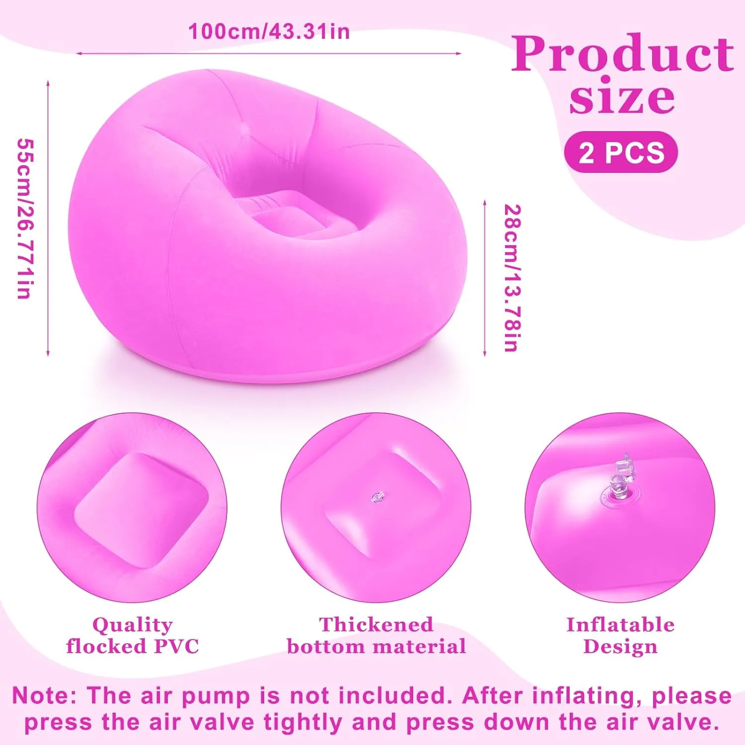 Inflatable Bean Bag Chairs Blow up Chairs Camping Chairs Inflatable Lazy Sofa Folding Portable Inflatable Chair for Living Room Bedroom Reading Room(Pink,2 Pcs)