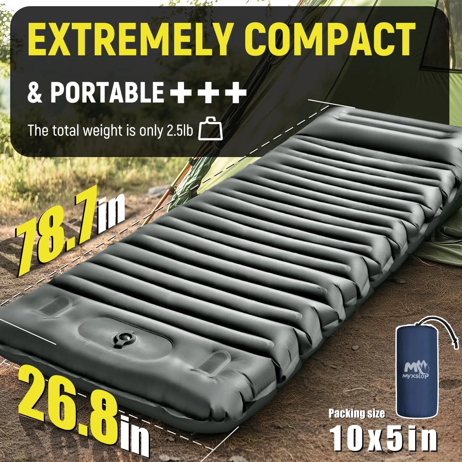 Inflatable Camping Sleeping Pad with Pillow, 5" Extra-Thick Ultralight Inflatable Sleeping Mat with Built-in Pump, Camping Air Mattress Compact for Backpacking Hiking Trap Traveling (Grey)
