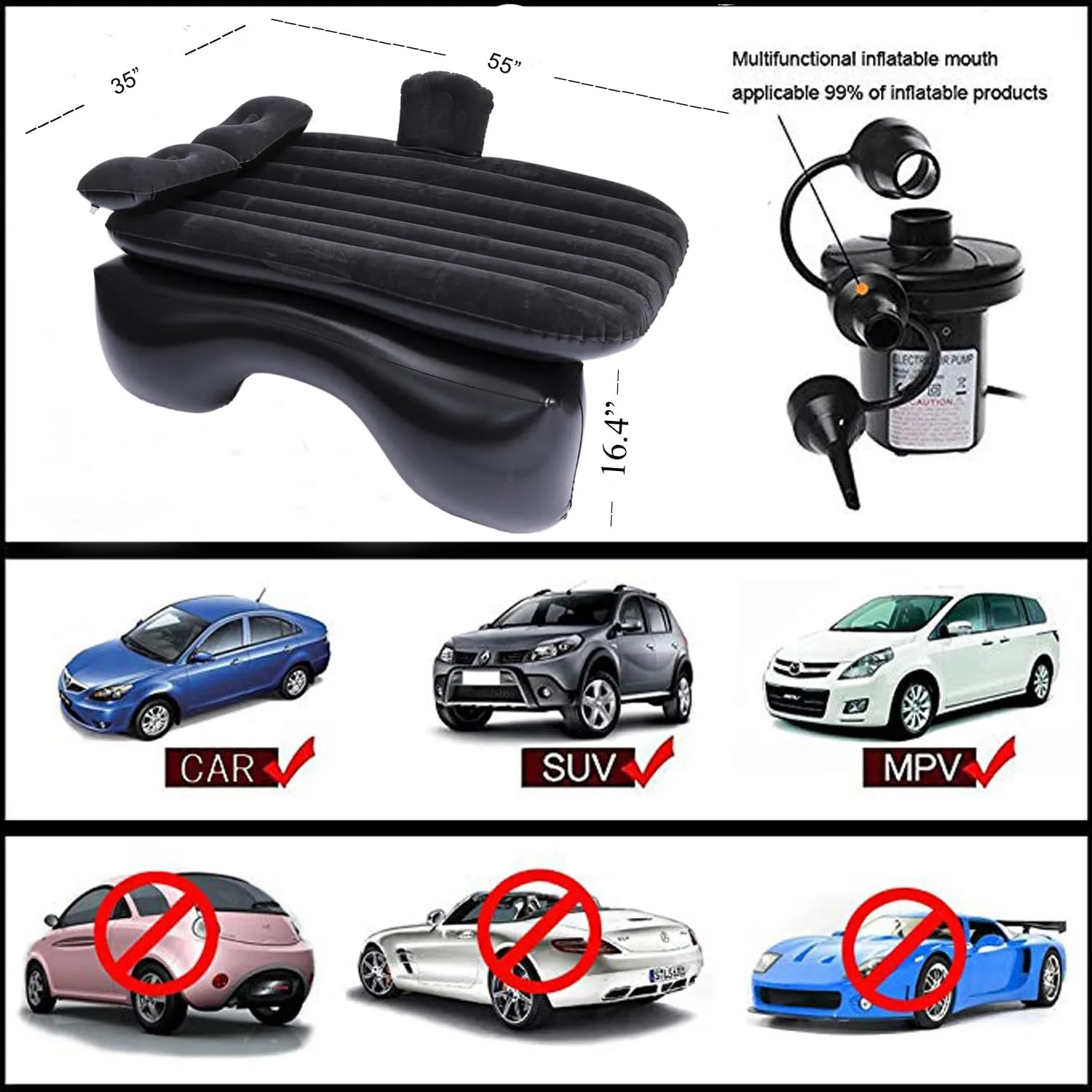 Inflatable Car Air Mattress Back Seat Bed,Thickened Car Travel Camping Air Mattress with Air Pump,Blow Up Bed Portable Car Sleeping Mattress for Car Universal SUV