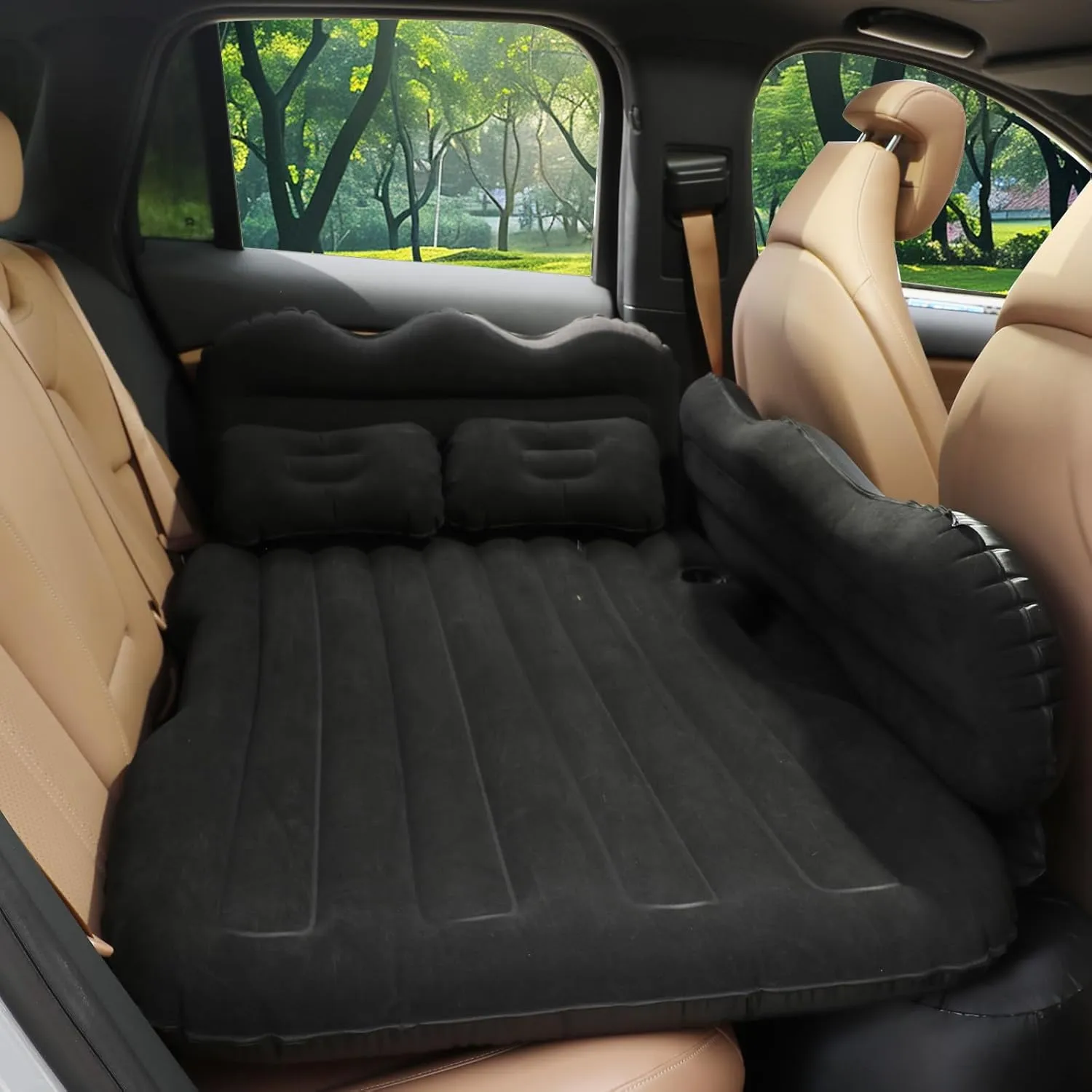 Inflatable Car Air Mattress Bed for SUV/Sedan - 500lbs Support, Backseat Camping Mattress with Pillows, Storage Bag & Air Pump, Car Sleeping Pad for Travel, Camping, Minivan Rest -Black