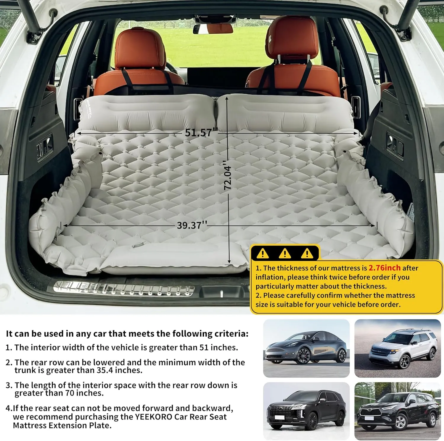 Inflatable Car Air Mattress, SUV Air Mattress for Travel Camping, Ultralight Camping Bed with Pillow and Built-in Foot Pump, Portable Sleeping Pad for SUV -Grey