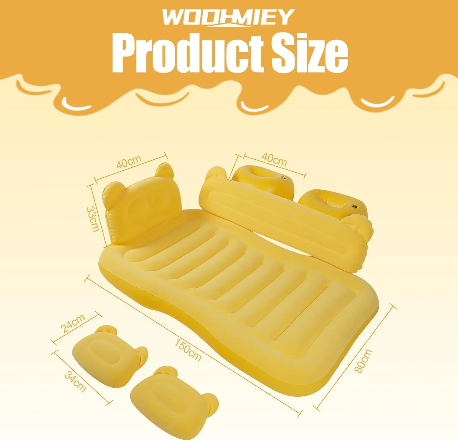 Inflatable Car Mattress Bed, SUV Air Mattress with Electric Air Pump, 2 Inflatable Pillows, Suitable for Home,Outdoor,Camping and Travelling Car Sleeping Pad (Yellow)