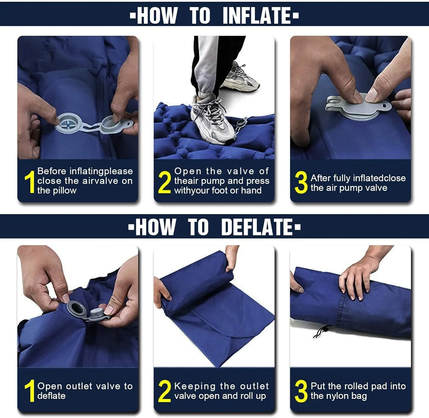 Inflatable Sleeping Mattress Camping Mattress Self-Inflating, Inflatable Sleeping Mat Ultralight Sleeping Pad, Inflatable Sleeping Mat With Pillow, Waterproof And Moisture-Proof Roll M (Navy Blue Med