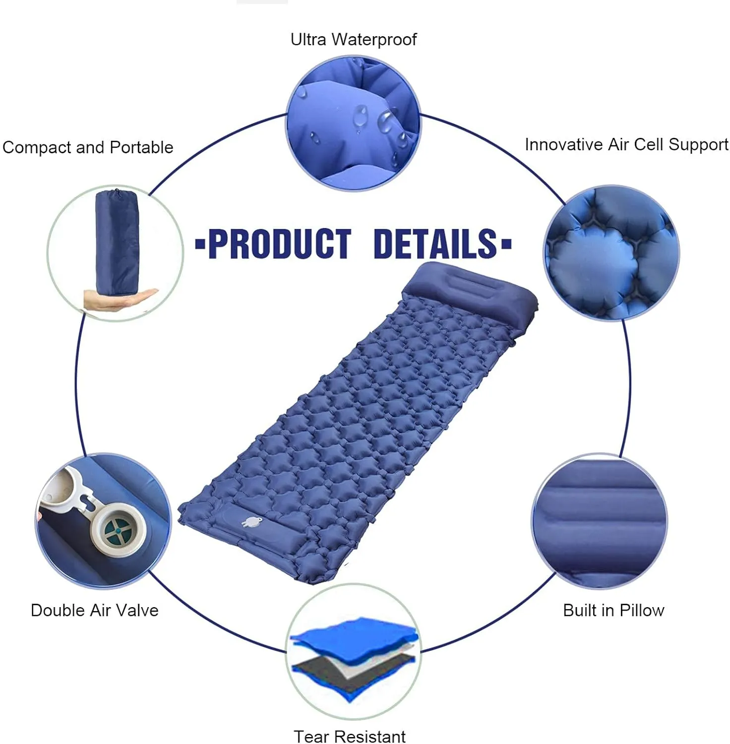 Inflatable Sleeping Mattress Camping Mattress Self-Inflating, Inflatable Sleeping Mat Ultralight Sleeping Pad, Inflatable Sleeping Mat With Pillow, Waterproof And Moisture-Proof Roll M (Navy Blue Med
