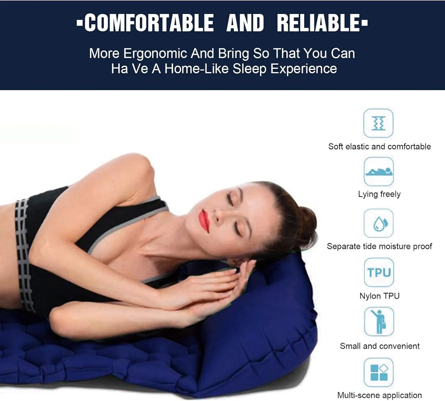Inflatable Sleeping Mattress Camping Mattress Self-Inflating, Inflatable Sleeping Mat Ultralight Sleeping Pad, Inflatable Sleeping Mat With Pillow, Waterproof And Moisture-Proof Roll M (Navy Blue Med