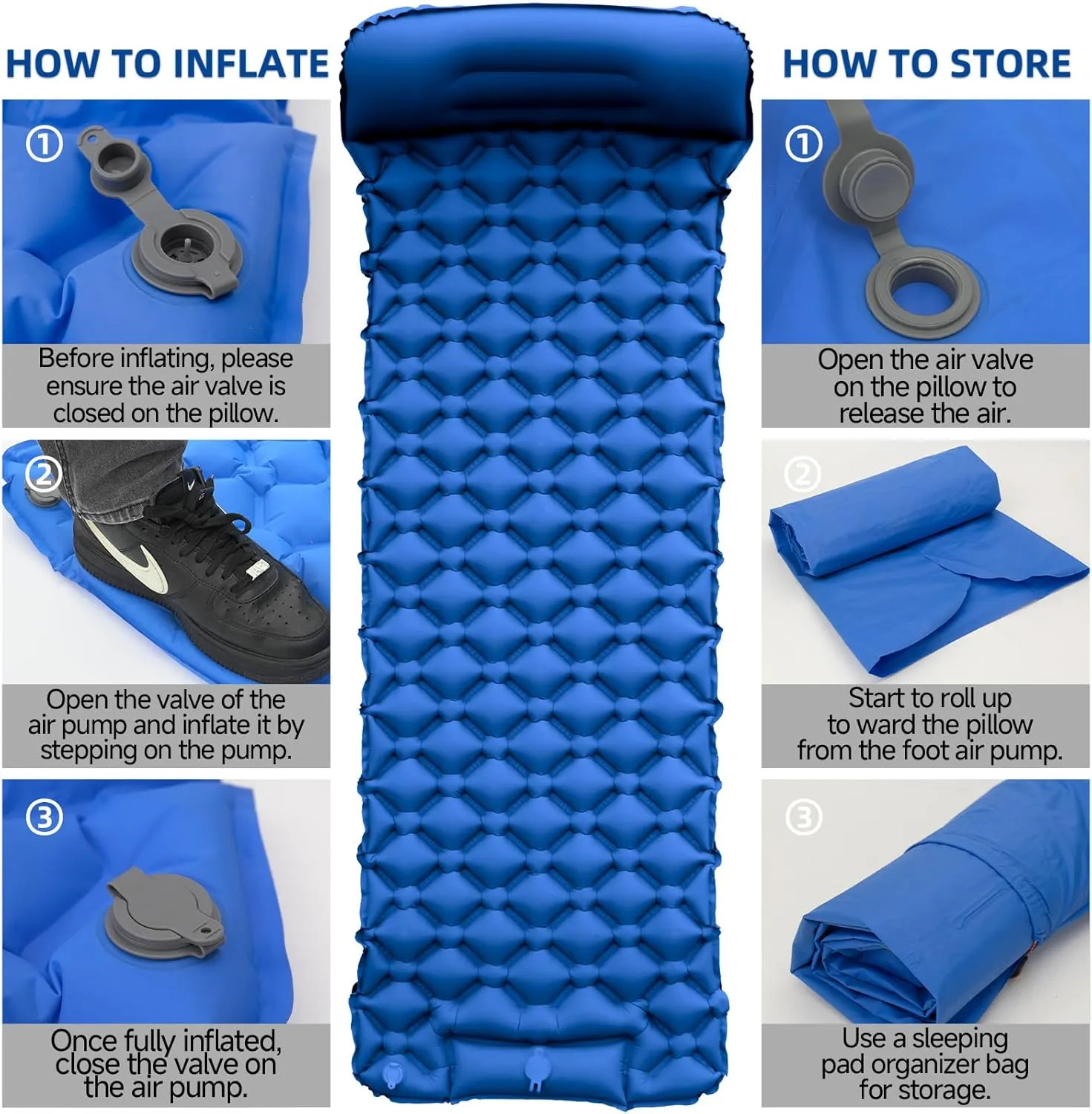 Inflatable Sleeping Pad with Pillow for Camping-Built in Foot Pump Fast Inflation-Ultralight Upgraded Durable Compact Sleeping Mat Moisture Proof Air Mattress for Backpacking,Hiking,Travel,Tent