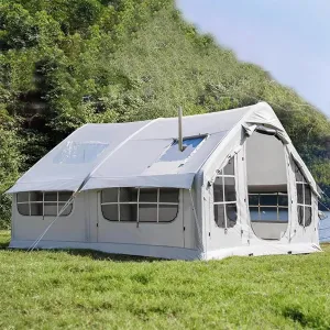 Inflatable Tents for Camping, 6-8 Person Luxury Canvas Blow Up Tent,Easy Assembly Waterproof Oxford Glamping Tent with Stove Jack,Doors&Mesh Windows,4 Season Family Large Air Tents