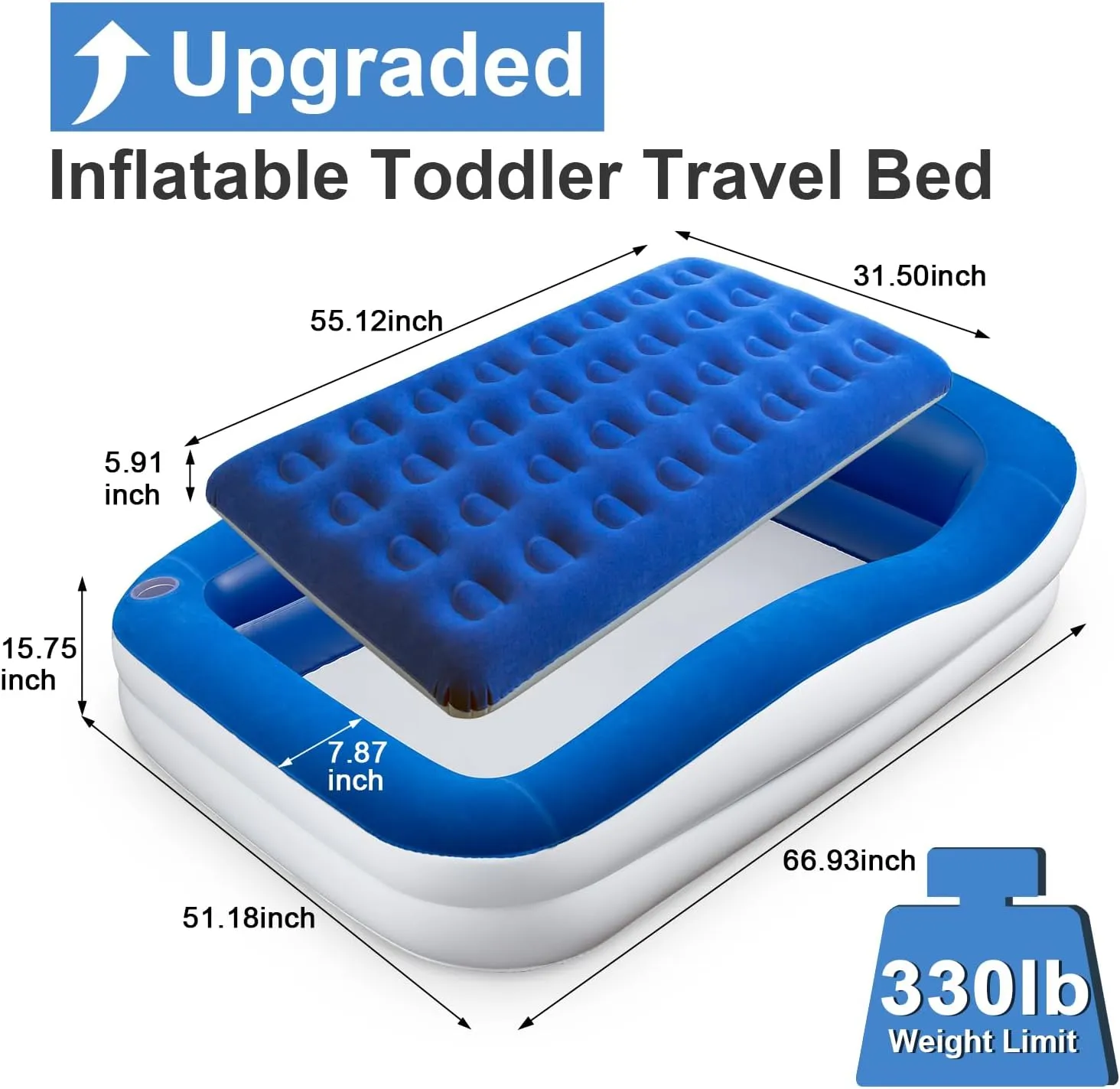 Inflatable Toddler Travel Bed – Portable Toddler Bed with Safety Bumpers, Toddler Floor Bed for Travel, Camping, Sleepovers – Kids Blow Up Bed with Pump & Carry Bag