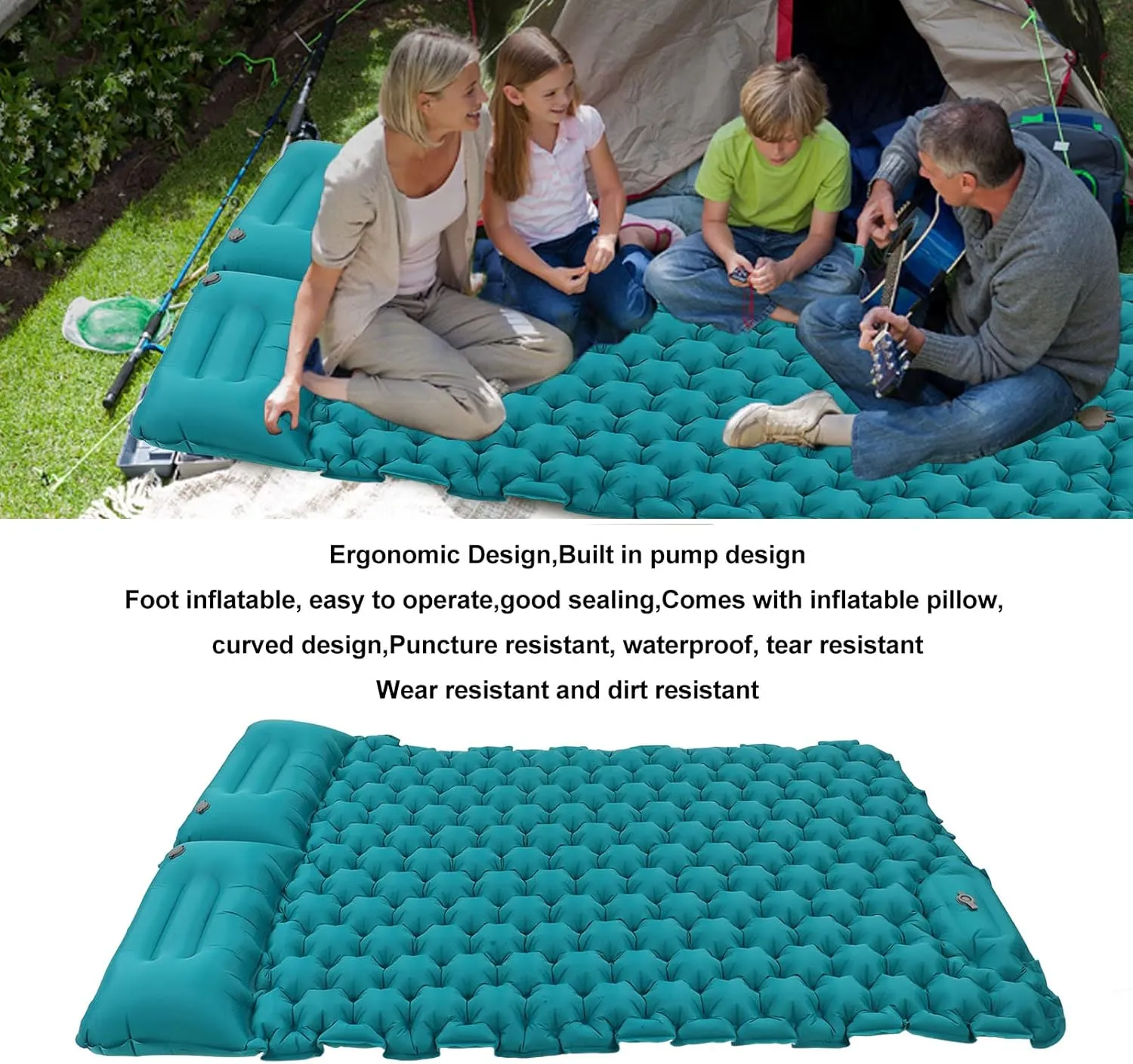 Inflating Sleeping Pad Ergonomic Foot Operated Portable Inflatable Pad with Pillow Compact Design for Office Outdoor Camping (Peacock Blue)