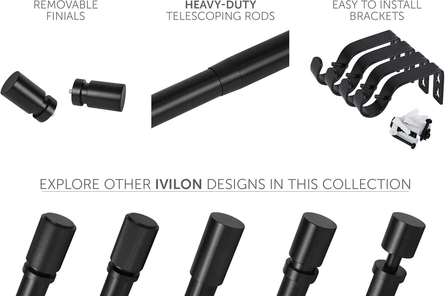 Ivilon Curtain Rods for Windows - Stepped End Cap, 1 inch Diameter, Telescoping Adjustable Curtain Rod, 72 to 144 Inches. Color Black