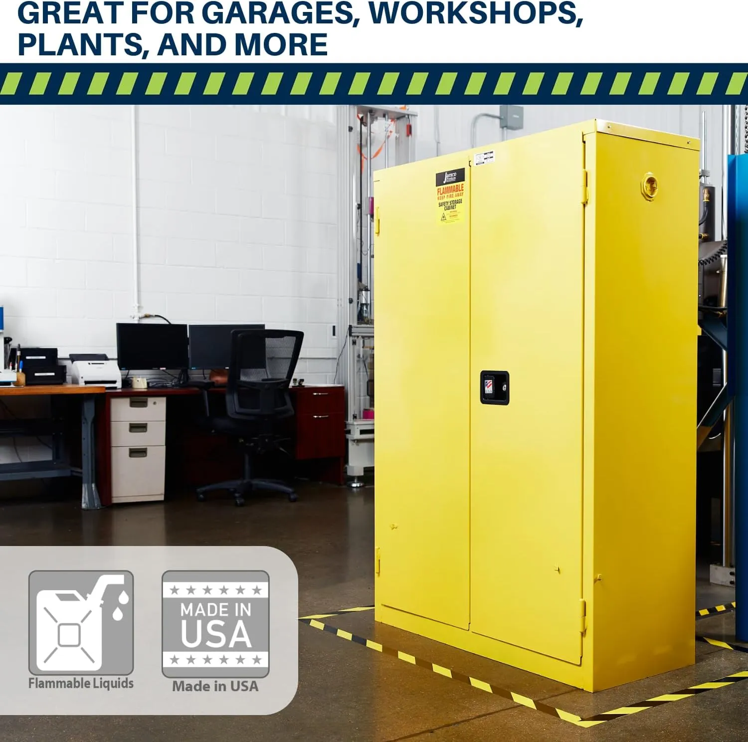 Jamco 30 Gallon Flammable Safety Cabinet, Steel Flammable Storage Cabinet with Lockable Manual Closing Doors, Non Forkliftable, 43" x 18" x 44", Yellow