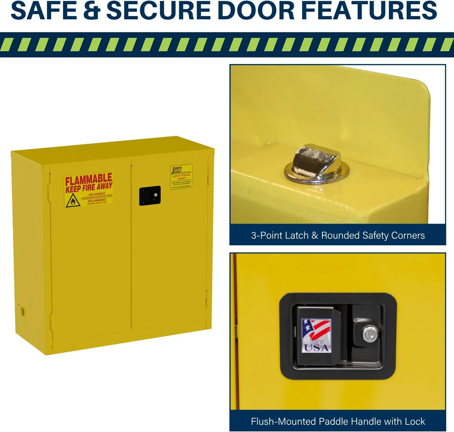 Jamco 30 Gallon Flammable Safety Cabinet, Steel Flammable Storage Cabinet with Lockable Manual Closing Doors, Non Forkliftable, 43" x 18" x 44", Yellow