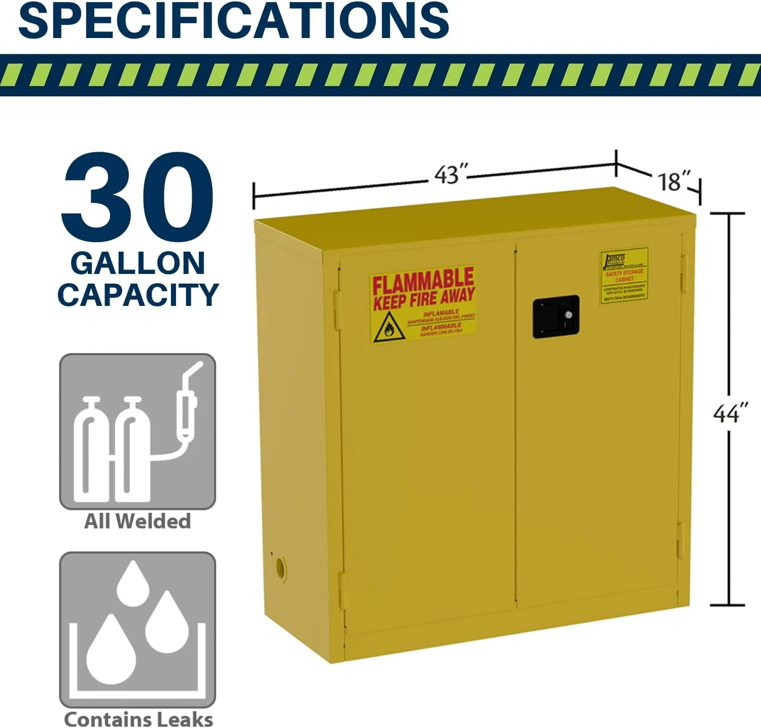 Jamco 30 Gallon Flammable Safety Cabinet, Steel Flammable Storage Cabinet with Lockable Manual Closing Doors, Non Forkliftable, 43" x 18" x 44", Yellow