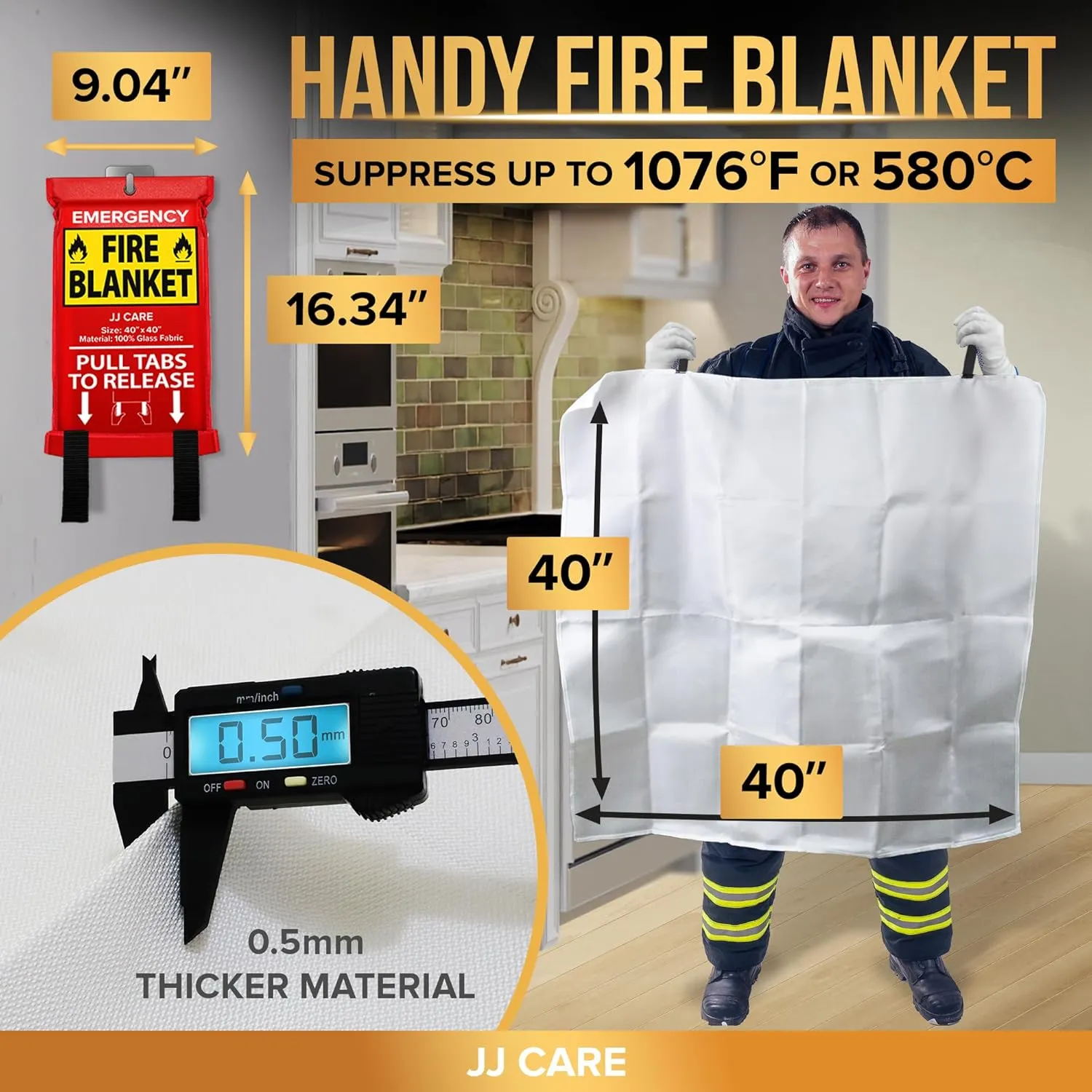 JJ CARE Fire Blanket – 4 Packs with Hooks – Emergency Fire Blanket for Home & Kitchen, High Heat Resistant Fire Suppression Blankets for Home Safety, Kitchen, and Camping