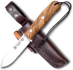 Joker CO113-P Sports Hunting Knife Trampero, Olive Wood Handle, Leather Sheath with Fire Starter, 3.94 inches blade Sandvik Steel 14c28n, Tool for fishing, Hunting, camping and hiking