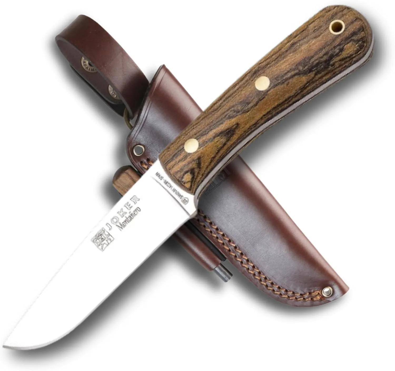 Joker Mountaineer CB134-P hunting knife, 4.3in Sandvik 14C28N blade, brown leather sheath, fishing, hunting, camping and hiking tool (Bocote Wood   FireStarter)