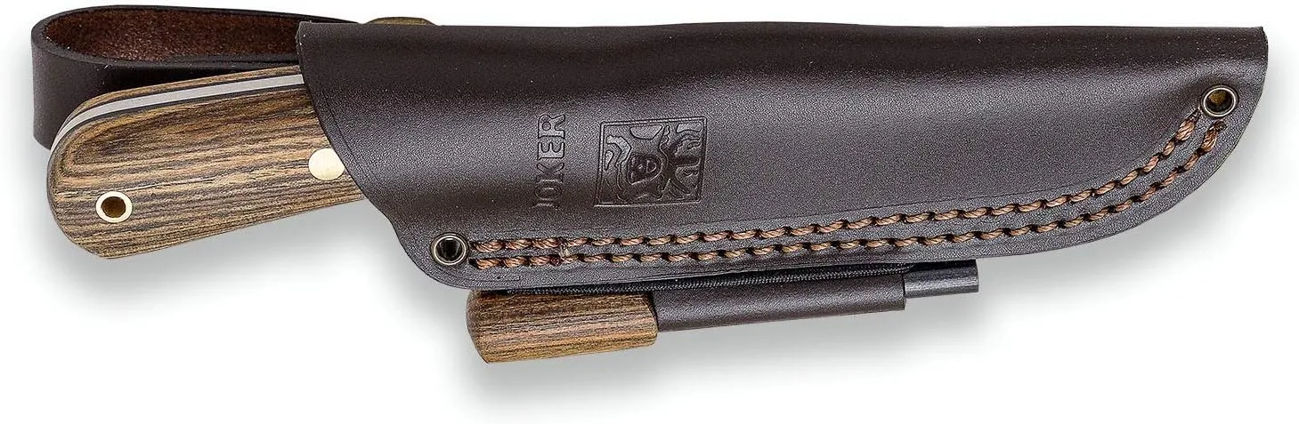 Joker Mountaineer CB134-P hunting knife, 4.3in Sandvik 14C28N blade, brown leather sheath, fishing, hunting, camping and hiking tool (Bocote Wood   FireStarter)
