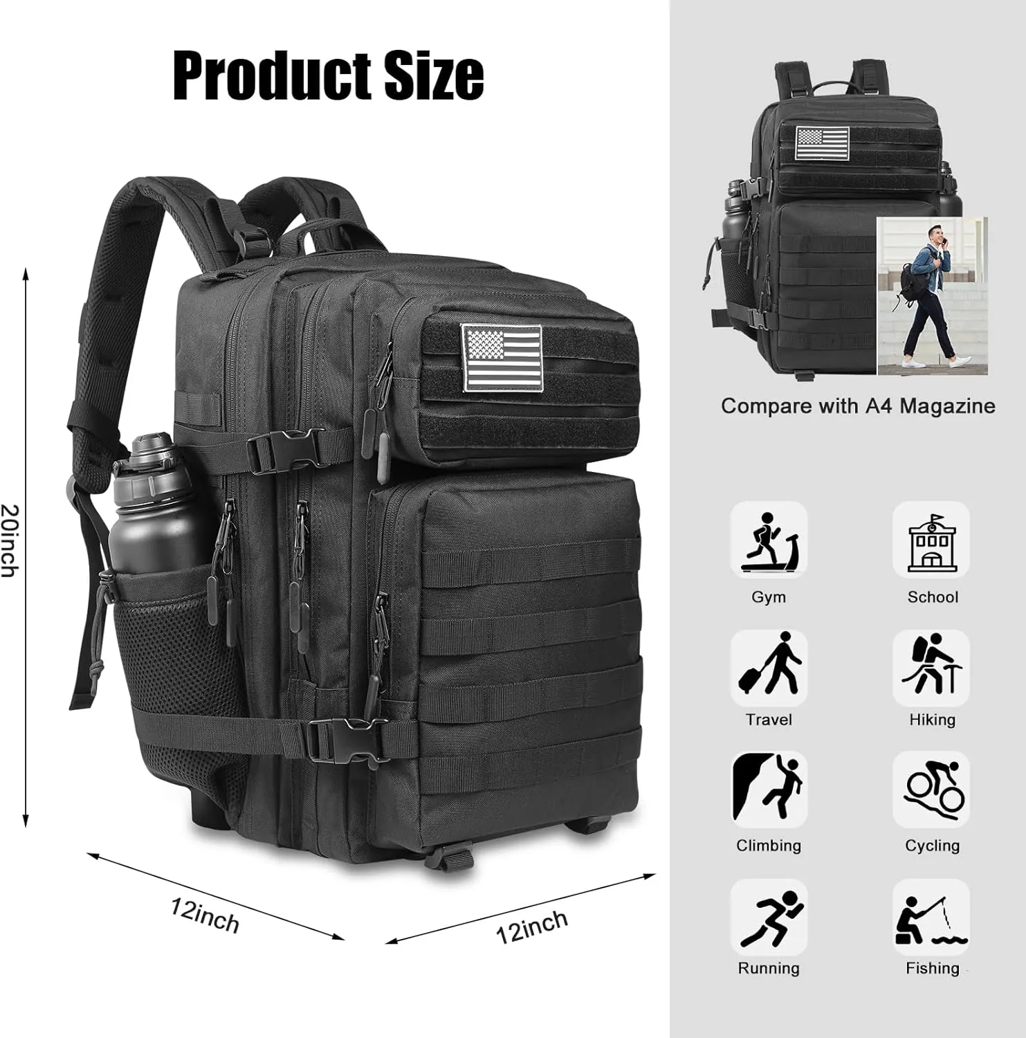 Joyfulife 45L Military Tactical Backpack for Men Women Military Backpack Molle Backpack Large Army 3 Day Assault Pack Bug Out Bag Hiking Rucksack with Bottle Holder