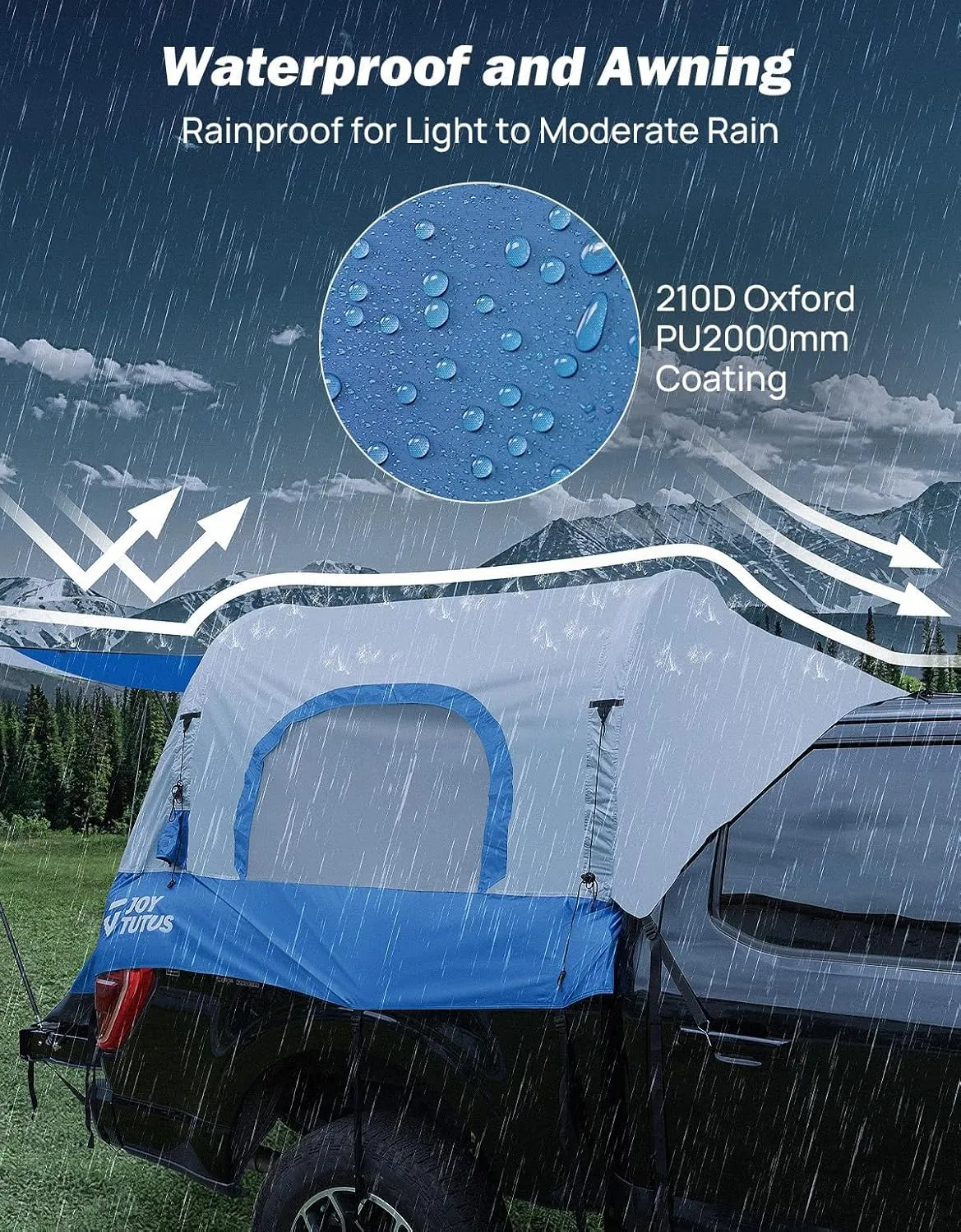 JOYTUTUS Inflatable Truck Bed Tent 5.5-6.5FT with Awning, Includes Air Pump for Quick 30 S Setup, Dual-use Pickup or Camping Tent for 2 Person, Truck Tent with Waterproof Roof Shade and 3 Windows
