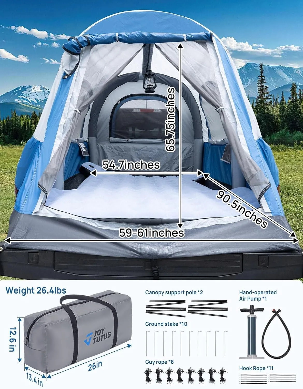 JOYTUTUS Inflatable Truck Bed Tent 5.5-6.5FT with Awning, Includes Air Pump for Quick 30 S Setup, Dual-use Pickup or Camping Tent for 2 Person, Truck Tent with Waterproof Roof Shade and 3 Windows