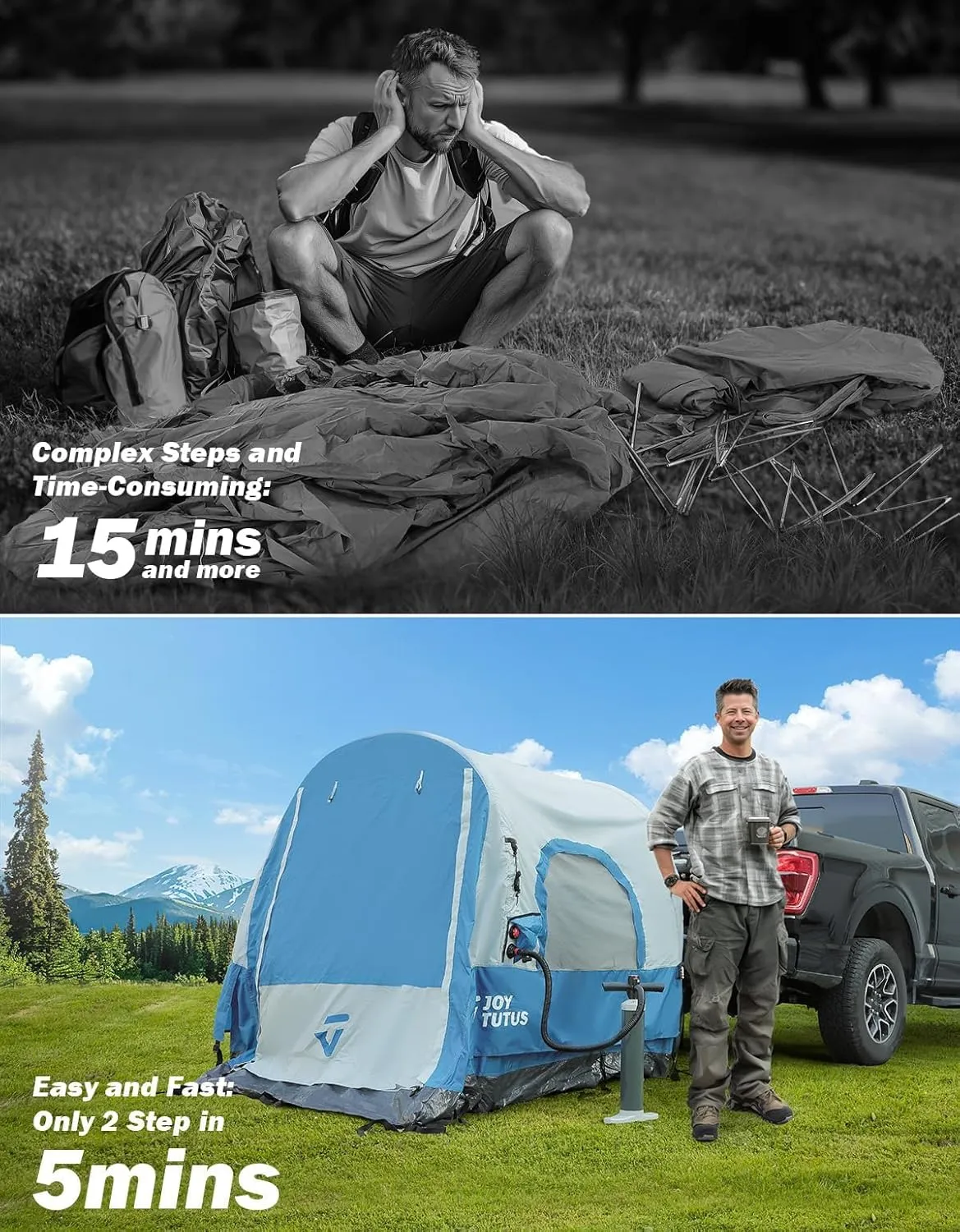 JOYTUTUS Inflatable Truck Bed Tent 5.5-6.5FT with Awning, Includes Air Pump for Quick 30 S Setup, Dual-use Pickup or Camping Tent for 2 Person, Truck Tent with Waterproof Roof Shade and 3 Windows