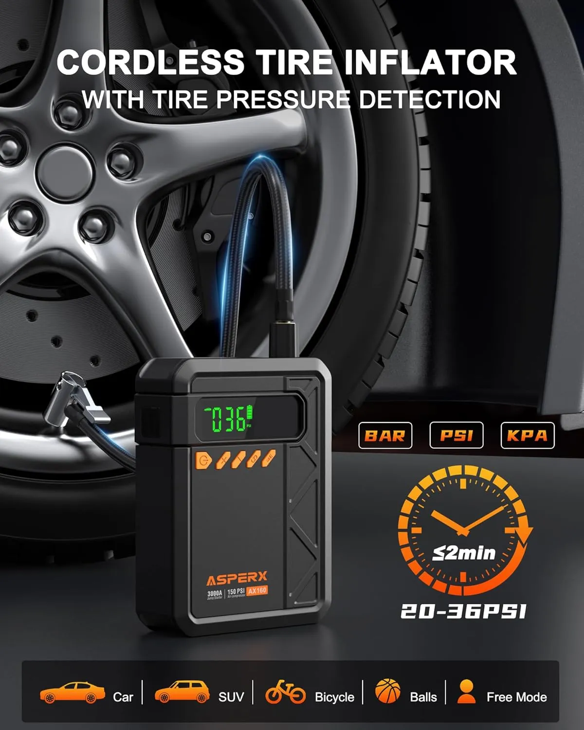 Jump Starter with Air Compressor, 3000A Portable Car Jumper, 150PSI Cordless Tire Inflator, 12V Jump Box for 9.0 Gas/7L Diesel Engine, Power Bank, 400LM Light, Car Battery Booster with Storage Bag