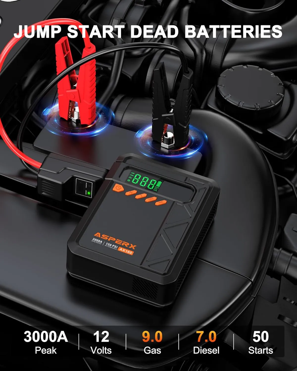 Jump Starter with Air Compressor, 3000A Portable Car Jumper, 150PSI Cordless Tire Inflator, 12V Jump Box for 9.0 Gas/7L Diesel Engine, Power Bank, 400LM Light, Car Battery Booster with Storage Bag
