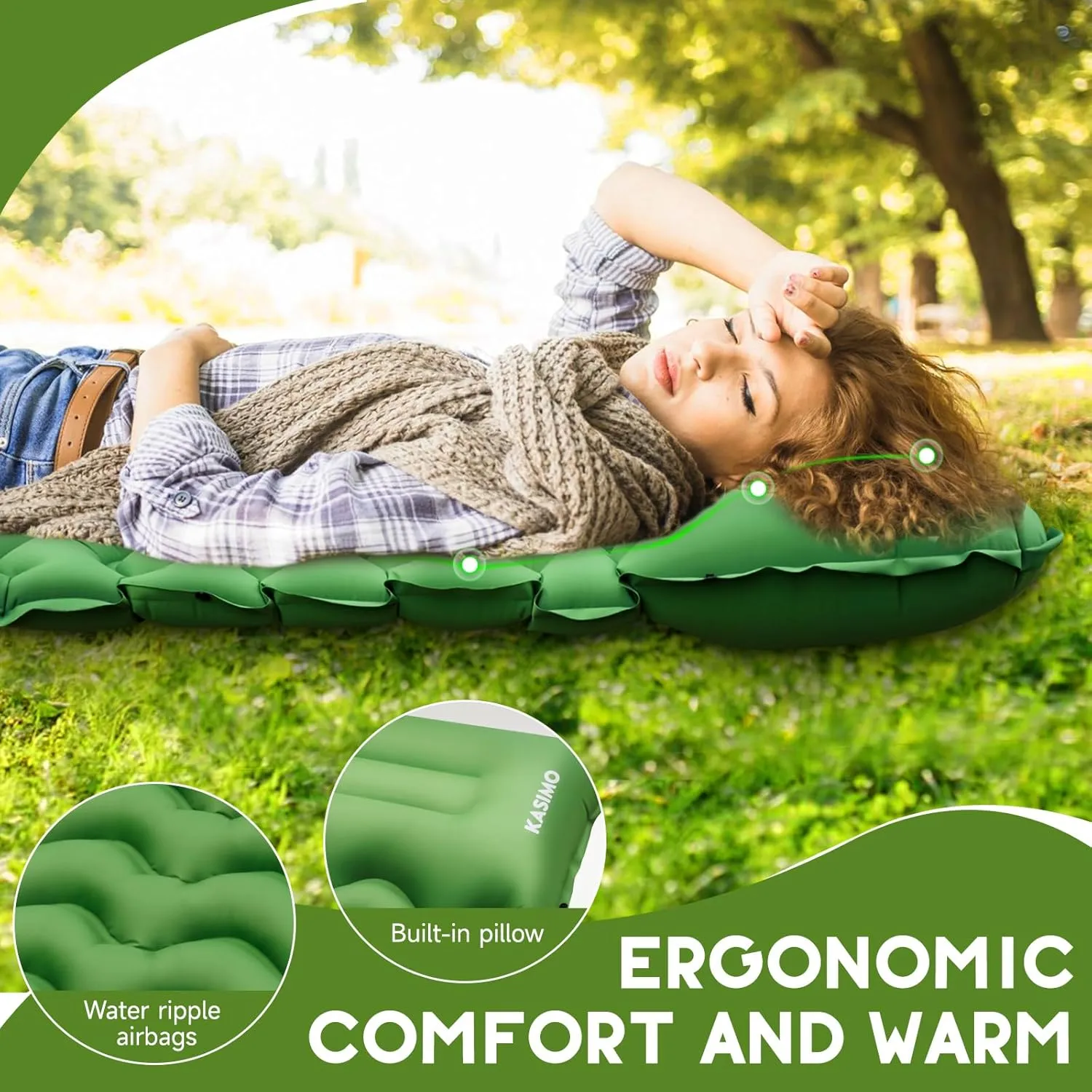 KASIMO Camping Sleeping Pad, Ultralight Camping Mat with Pillow Built-in Foot Pump Inflatable Sleeping Pads Compact for Camping Backpacking Hiking Traveling Tents