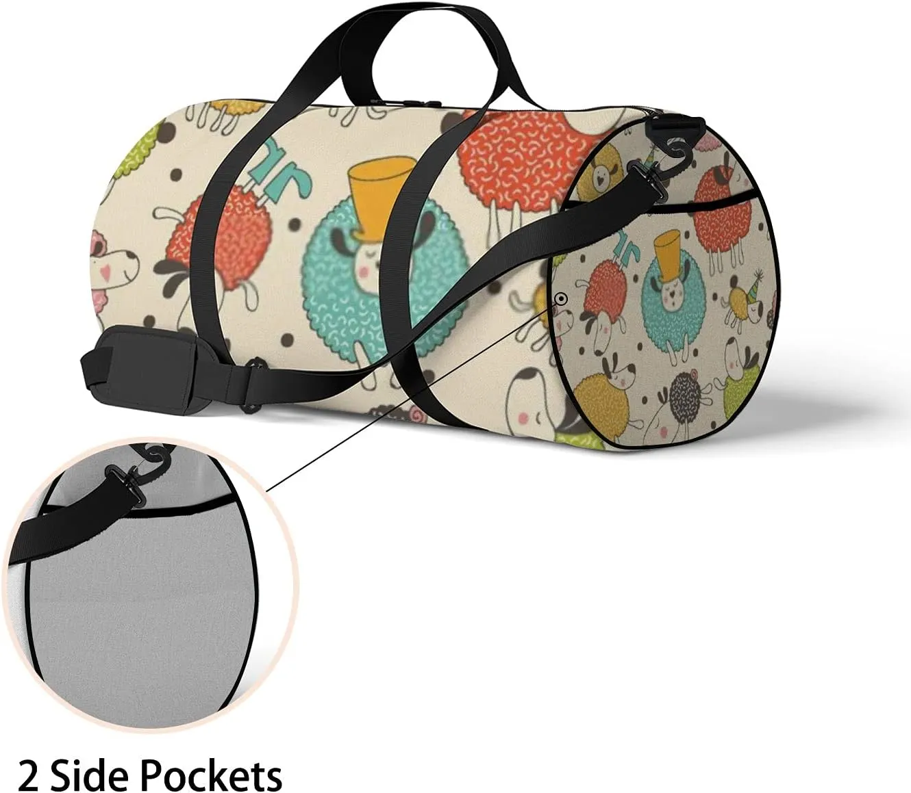 Kawaii Animals Cute Cartoon Sleepy Sheep Sports Bag Tote Bag Waterproof Gym Bag with Shoulder Strap Zipper 2 Side Pockets for Men and Women, Travel and Storage Shoulder Bag.