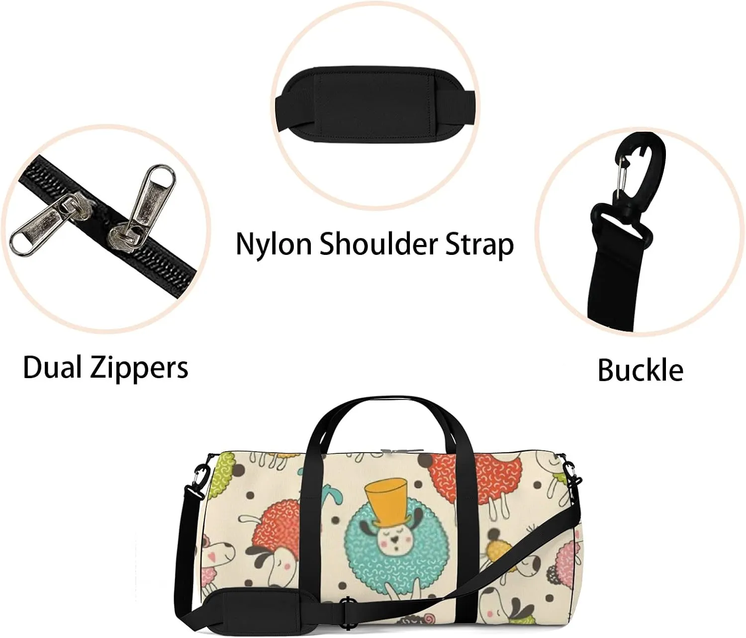 Kawaii Animals Cute Cartoon Sleepy Sheep Sports Bag Tote Bag Waterproof Gym Bag with Shoulder Strap Zipper 2 Side Pockets for Men and Women, Travel and Storage Shoulder Bag.