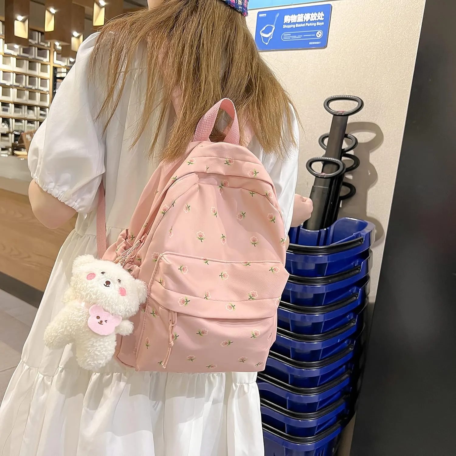 Kawaii Backpack Mori Art Floral Backpack With Pendant 12.2 Inch Aesthetic Backpack Cute Backpack Medium Bag (Pink, Middle)