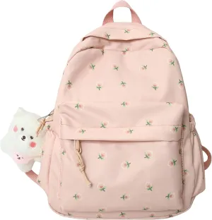 Kawaii Backpack Mori Art Floral Backpack With Pendant 12.2 Inch Aesthetic Backpack Cute Backpack Medium Bag (Pink, Middle)