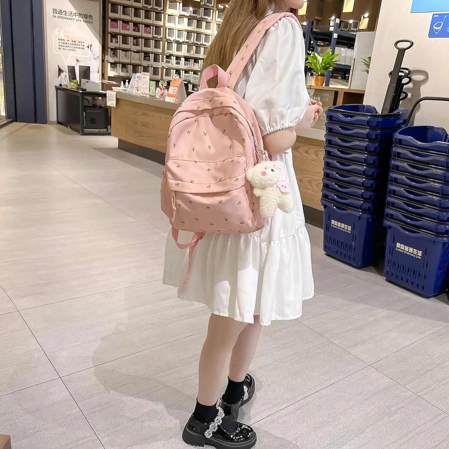 Kawaii Backpack Mori Art Floral Backpack With Pendant 12.2 Inch Aesthetic Backpack Cute Backpack Medium Bag (Pink, Middle)