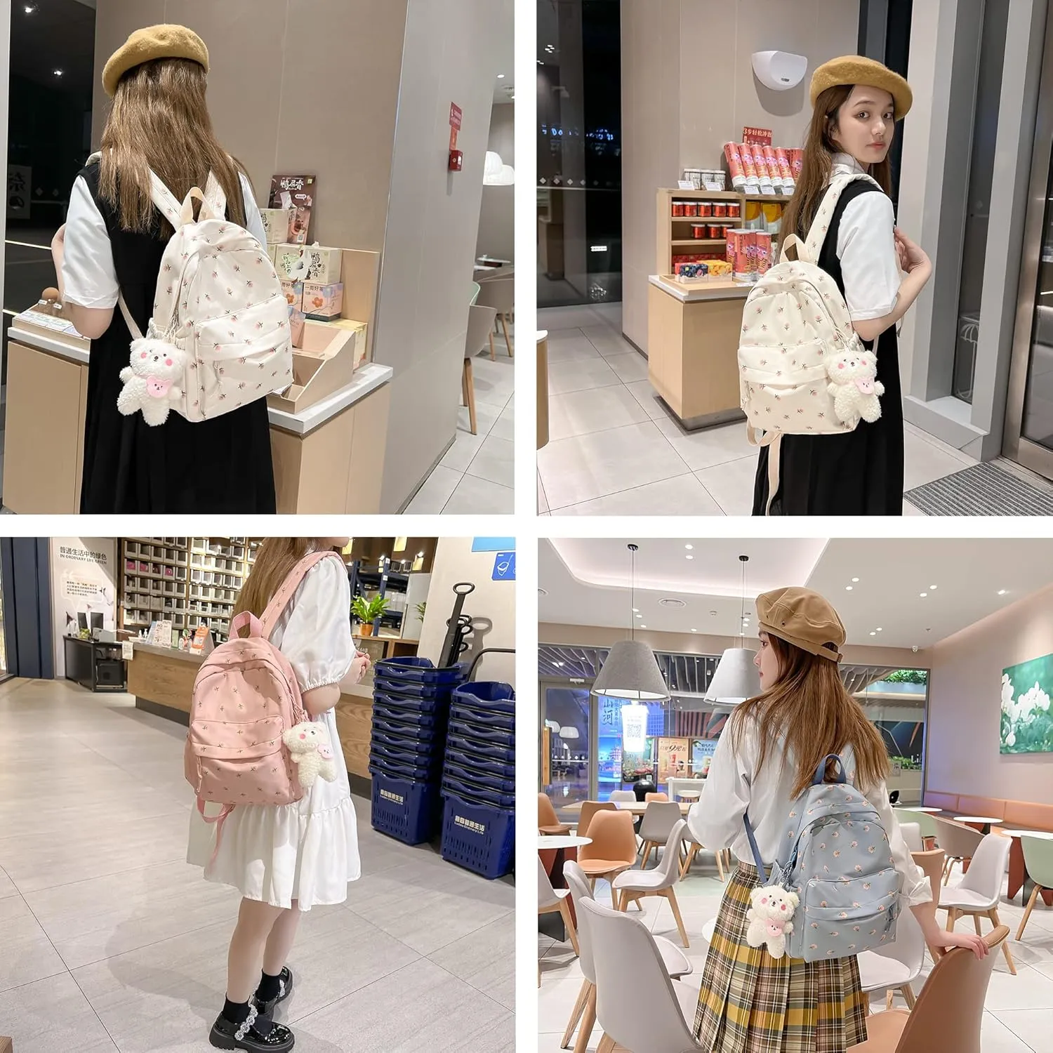 Kawaii Backpack Mori Art Floral Backpack With Pendant 12.2 Inch Aesthetic Backpack Cute Backpack Medium Bag (Pink, Middle)