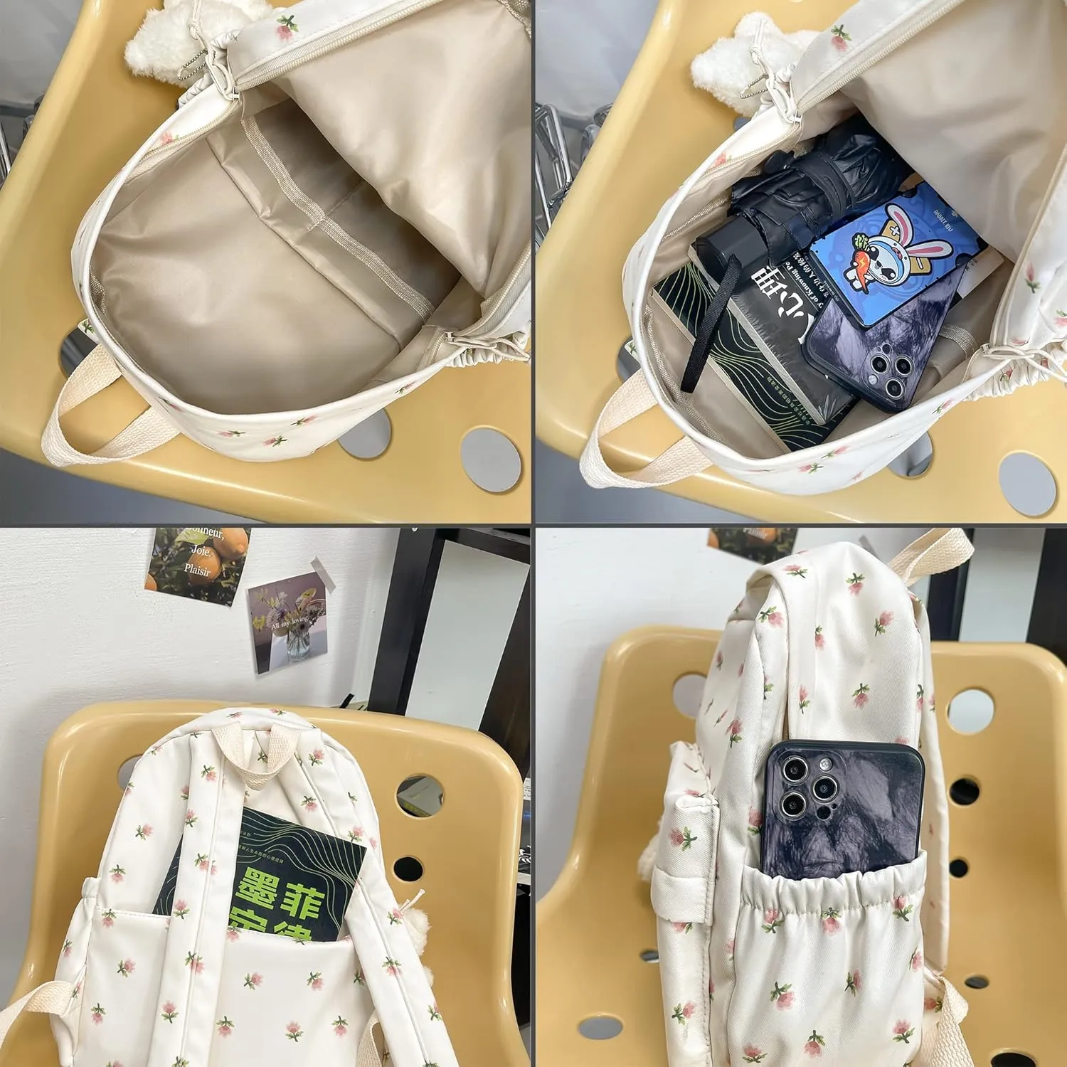 Kawaii Backpack Mori Art Floral Backpack With Pendant 12.2 Inch Aesthetic Backpack Cute Backpack Medium Bag (Pink, Middle)