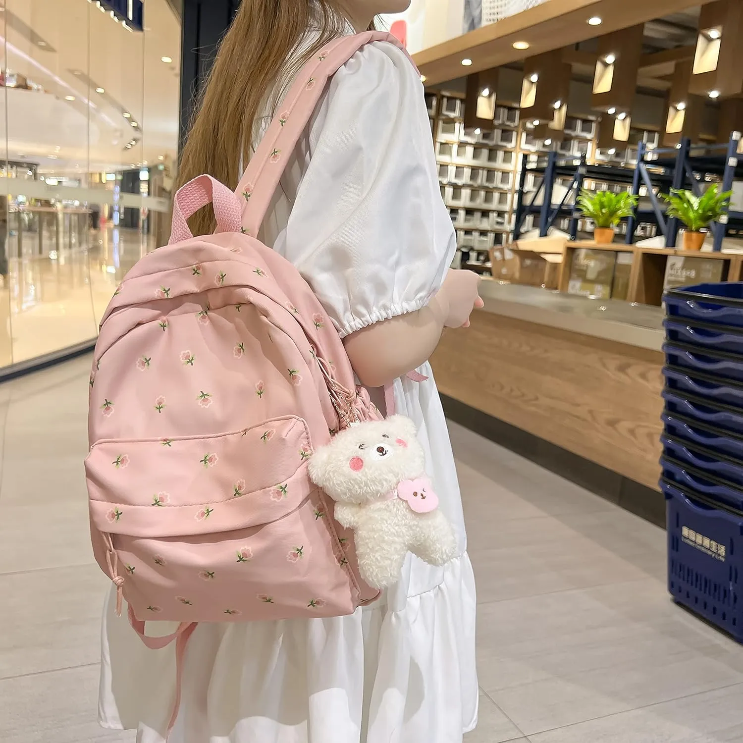 Kawaii Backpack Mori Art Floral Backpack With Pendant 12.2 Inch Aesthetic Backpack Cute Backpack Medium Bag (Pink, Middle)