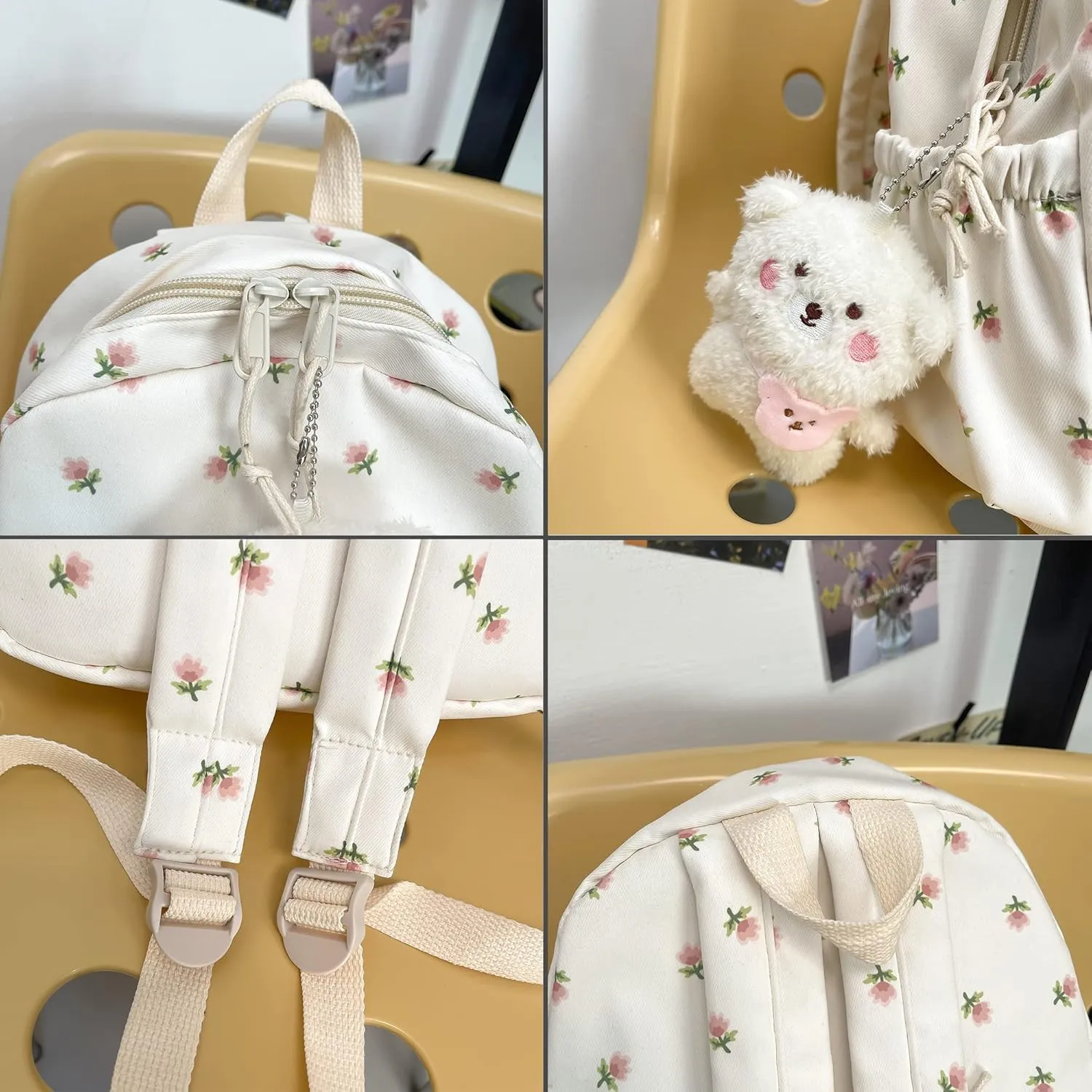 Kawaii Backpack Mori Art Floral Backpack With Pendant 12.2 Inch Aesthetic Backpack Cute Backpack Medium Bag (Pink, Middle)