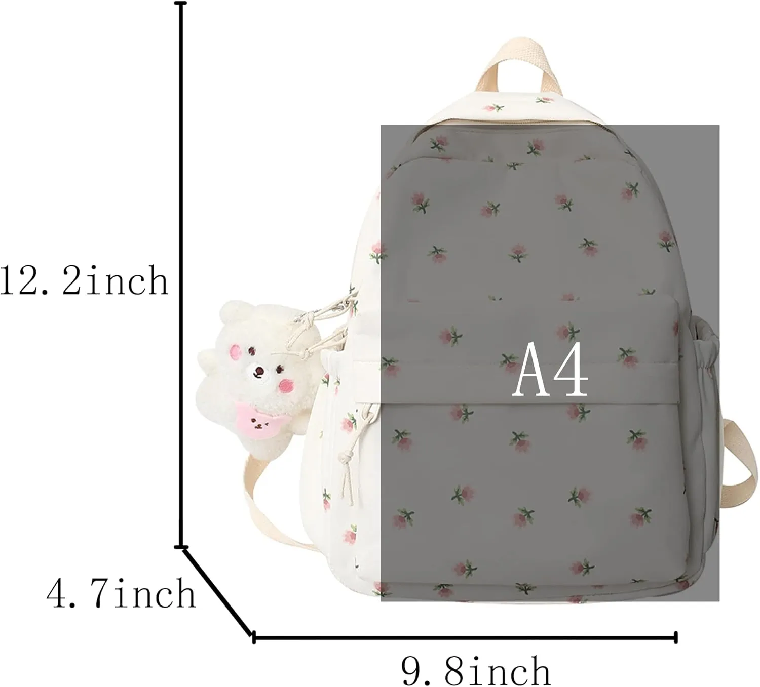 Kawaii Backpack Mori Art Floral Backpack With Pendant 12.2 Inch Aesthetic Backpack Cute Backpack Medium Bag (Pink, Middle)