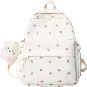 Kawaii Backpack Mori Art Floral Bag With Pendant 12.2 Inch Aesthetic Backpack Cute Backpack Medium Bag (White, Middle)