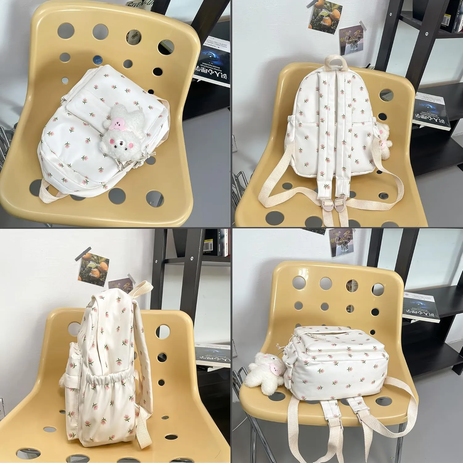 Kawaii Backpack Mori Art Floral Bag With Pendant 12.2 Inch Aesthetic Backpack Cute Backpack Medium Bag (White, Middle)