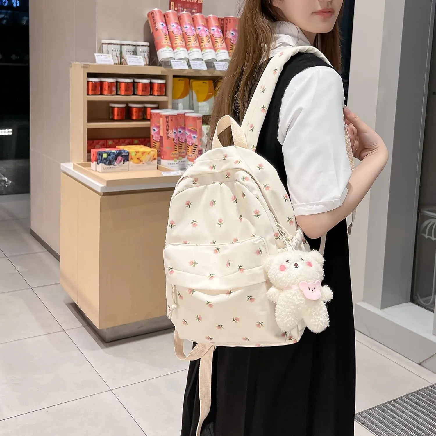 Kawaii Backpack Mori Art Floral Bag With Pendant 12.2 Inch Aesthetic Backpack Cute Backpack Medium Bag (White, Middle)